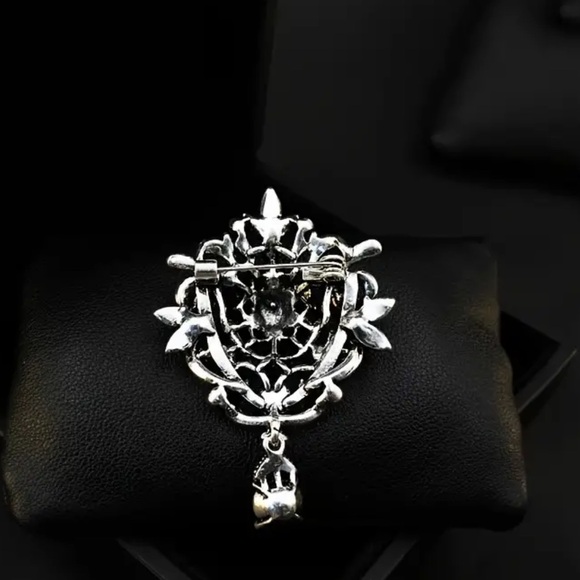 Red Flower Brooch, Lapel Pin or Pendant with Blue Rhinestones for Jacket, Blazer - Picture 3 of 8